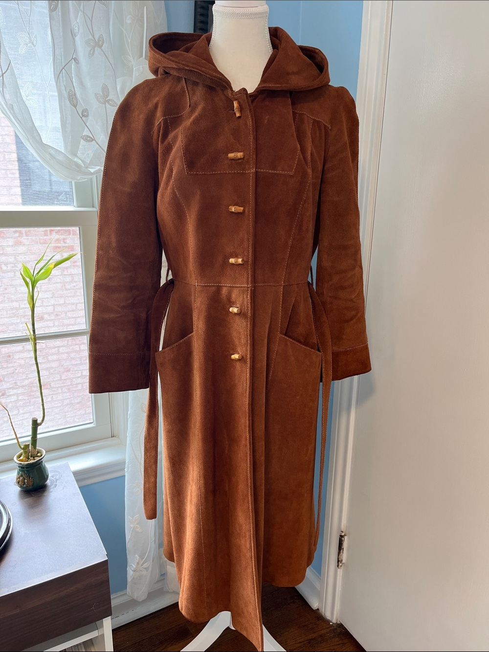 Women’s Hooded Suede Long Coat - Brown